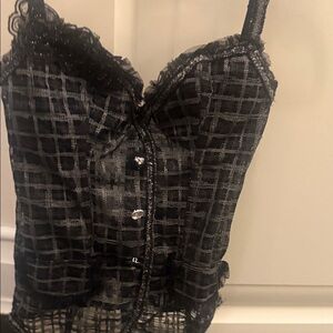 Black Checked Lace-Trim Bustier Camisole